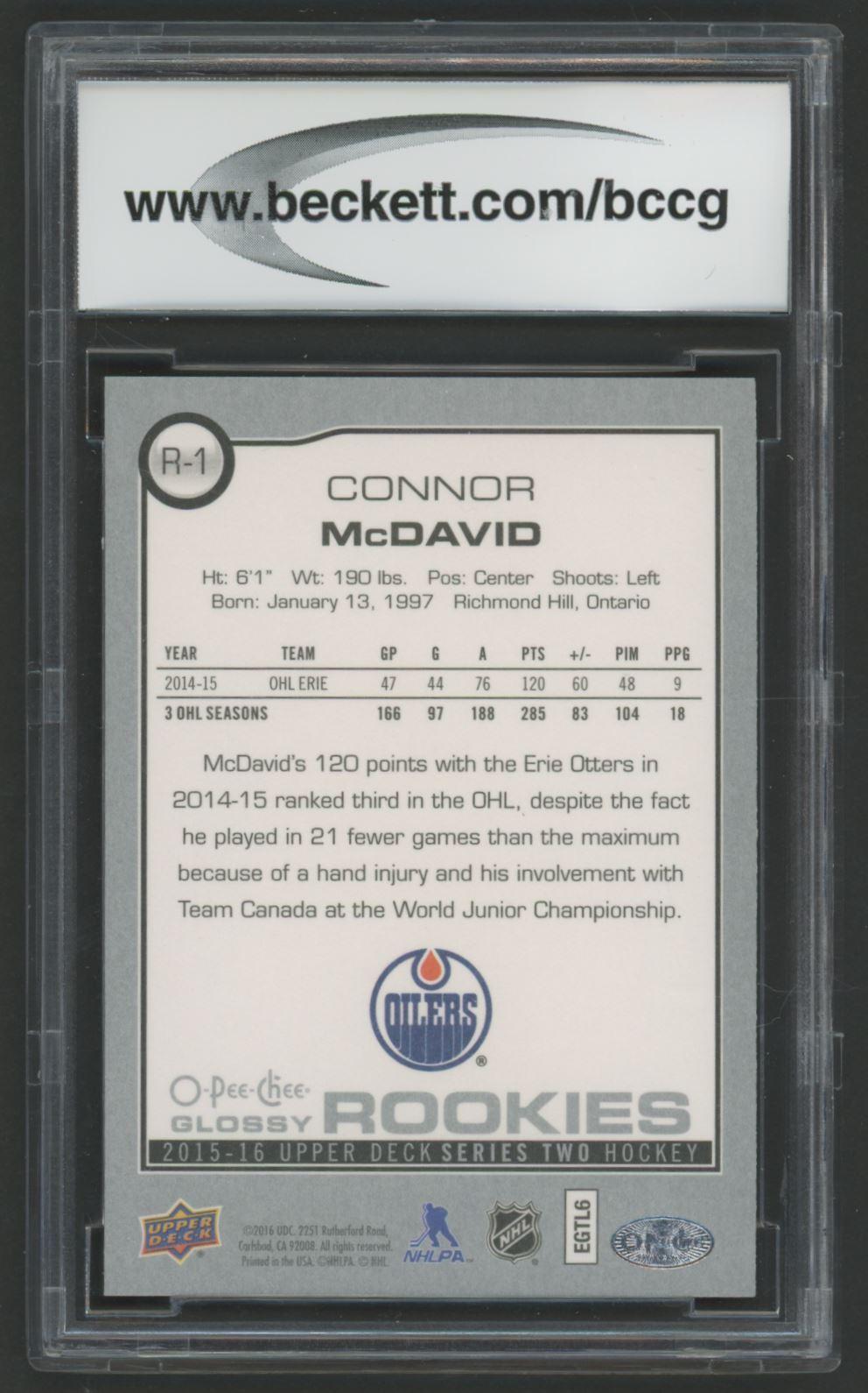 Connor McDavid 2015-16 O-Pee-Chee Glossy Rookies #R1 (BCCG 10) at PristineAuction.com Connor McDavid 2015-16 O-Pee-Chee Glossy Rookies #R1 (BCCG 10) at PristineAuction.com