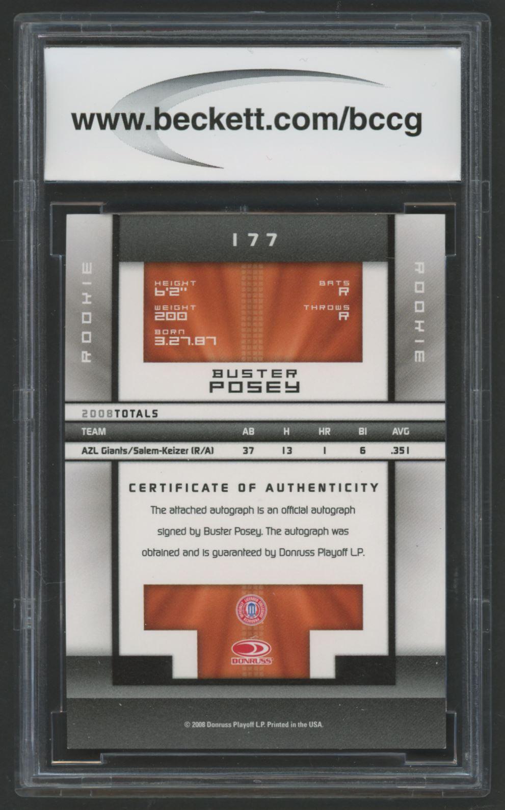 Buster Posey 2008 Donruss Elite Extra Edition AU #177 #95/934 (BCCG 10) at PristineAuction.com Buster Posey 2008 Donruss Elite Extra Edition AU #177 #95/934 (BCCG 10) at PristineAuction.com