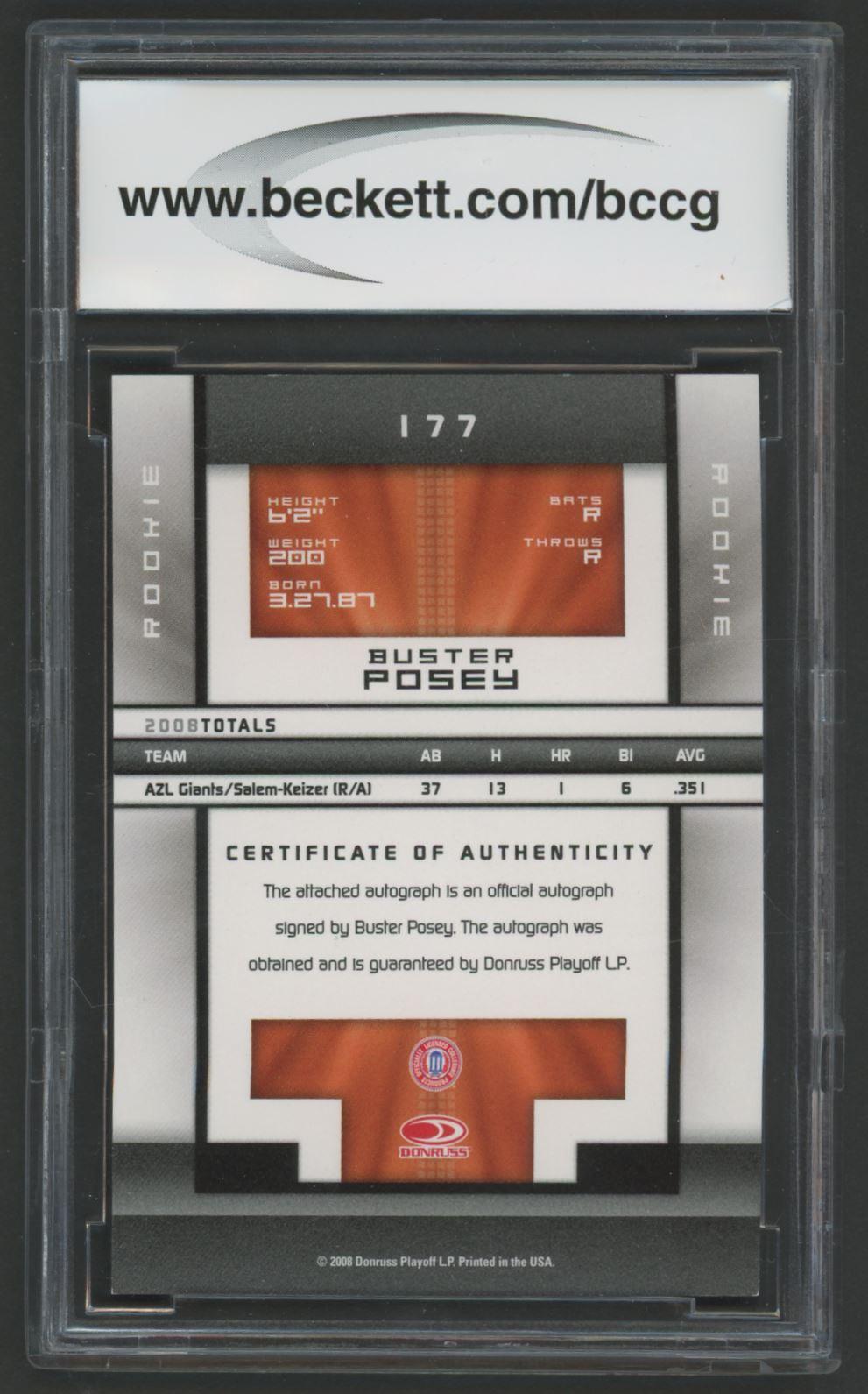 Buster Posey 2008 Donruss Elite Extra Edition AU #177 #95/934 (BCCG 10) at PristineAuction.com Buster Posey 2008 Donruss Elite Extra Edition AU #177 #95/934 (BCCG 10) at PristineAuction.com