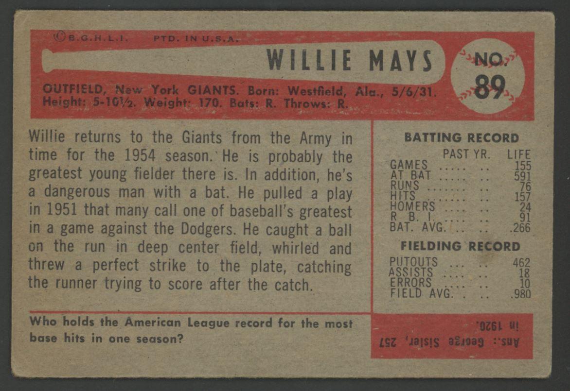 Willie Mays 1954 Bowman #89 at PristineAuction.com Willie Mays 1954 Bowman #89 at PristineAuction.com
