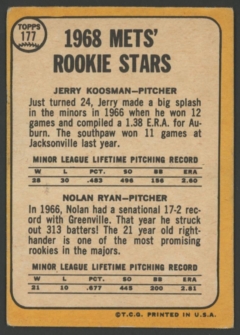 Jerry Koosman / Nolan Ryan 1968 Topps #177 Rookie Stars RC at PristineAuction.com Jerry Koosman / Nolan Ryan 1968 Topps #177 Rookie Stars RC at PristineAuction.com