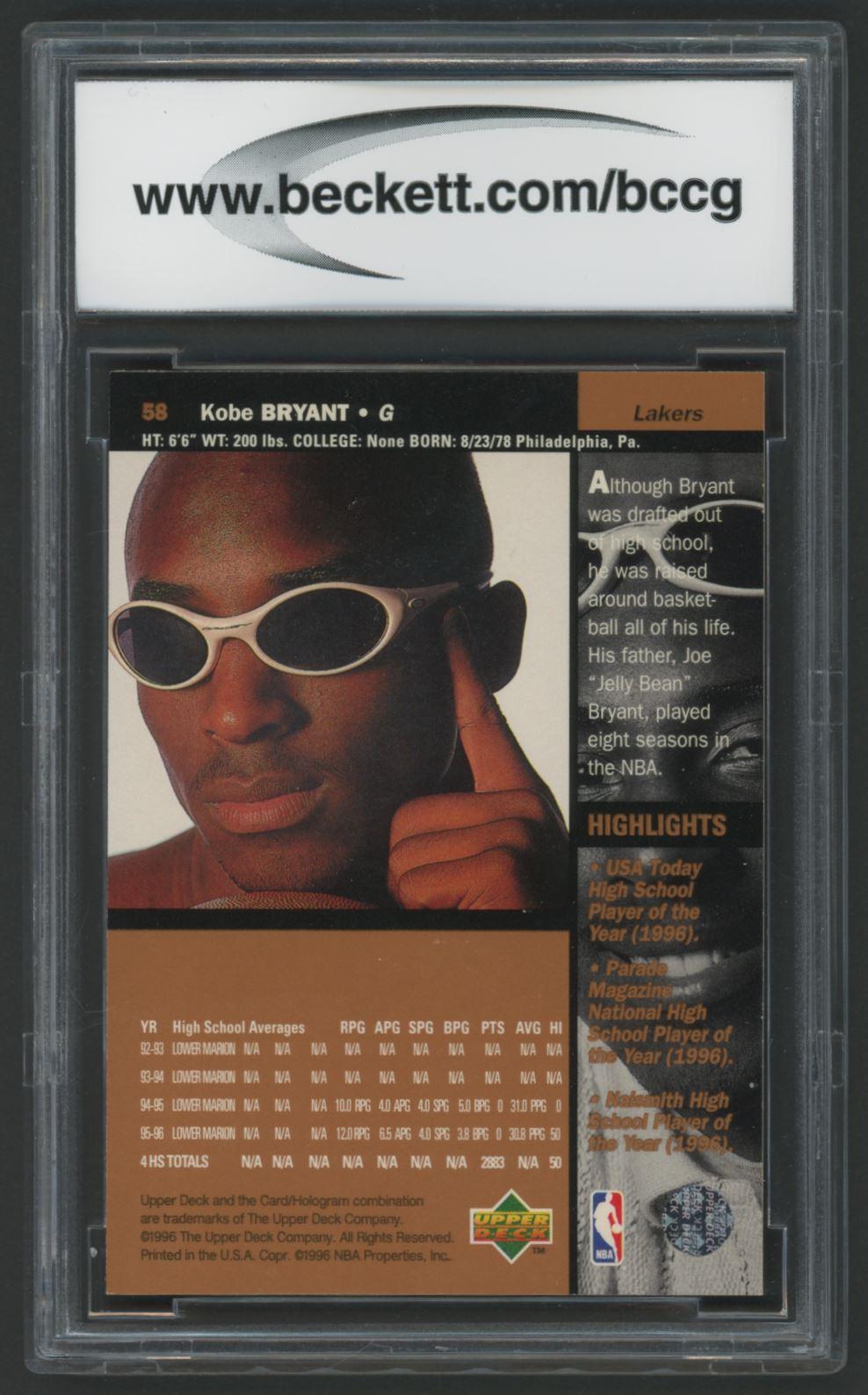Kobe Bryant 1996-97 Upper Deck #58 RC (BCCG 10) at PristineAuction.com Kobe Bryant 1996-97 Upper Deck #58 RC (BCCG 10) at PristineAuction.com