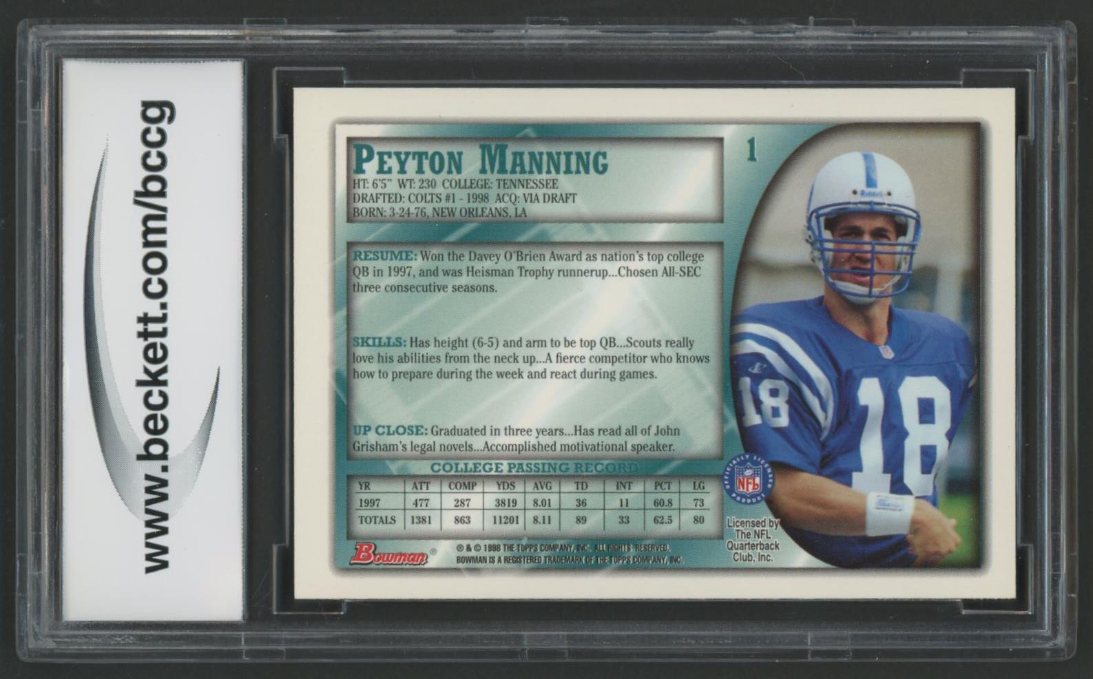 Peyton Manning 1998 Bowman #1 (BCCG 9) at PristineAuction.com Peyton Manning 1998 Bowman #1 (BCCG 9) at PristineAuction.com