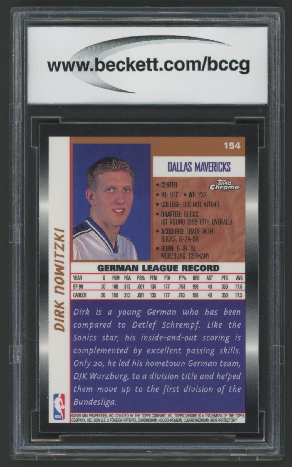 Dirk Nowitzki 1998-99 Topps Chrome #154 RC (BCCG 9) at PristineAuction.com Dirk Nowitzki 1998-99 Topps Chrome #154 RC (BCCG 9) at PristineAuction.com