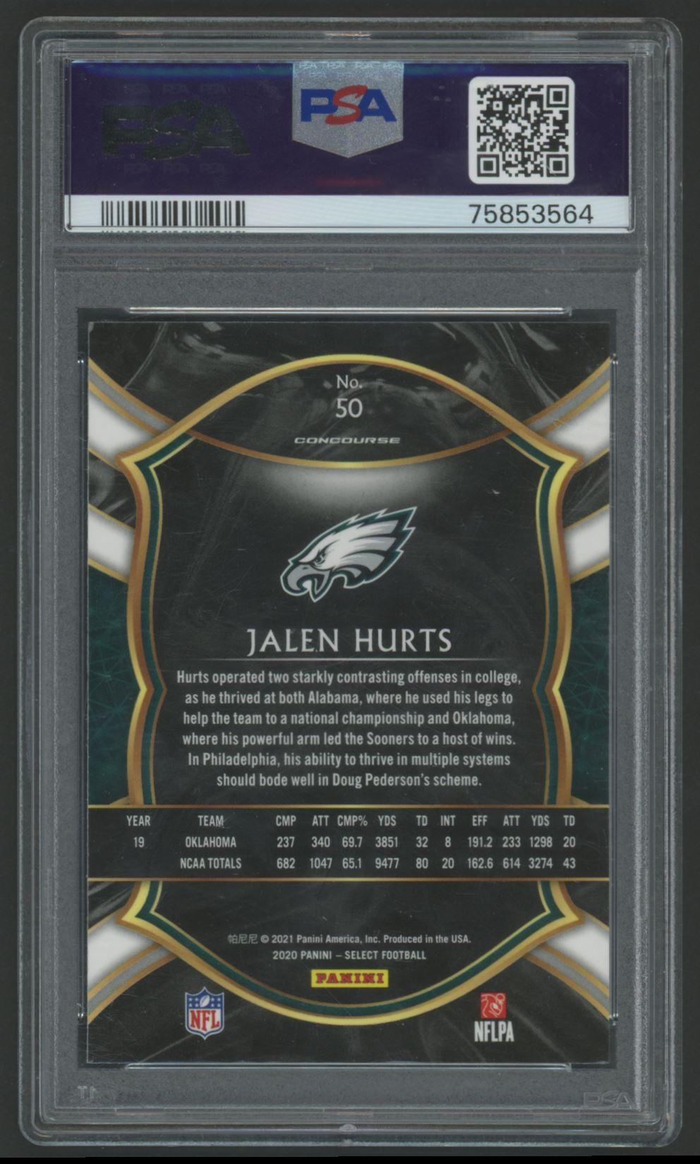 Jalen Hurts 2020 Panini Select #50 RC (PSA 10) at PristineAuction.com Jalen Hurts 2020 Panini Select #50 RC (PSA 10) at PristineAuction.com
