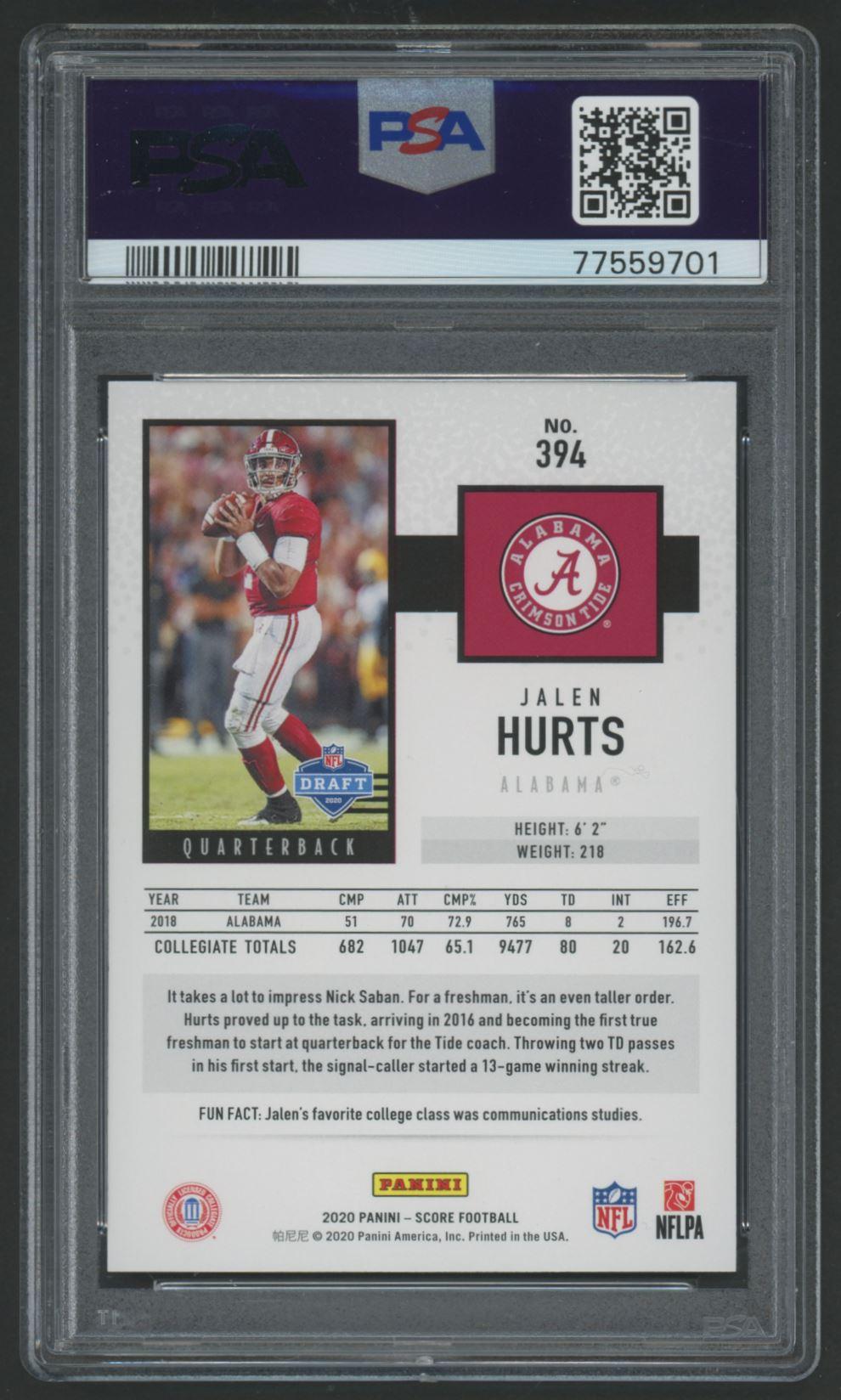 Jalen Hurts 2020 Panini Score #394 RC (PSA 10) at PristineAuction.com Jalen Hurts 2020 Panini Score #394 RC (PSA 10) at PristineAuction.com