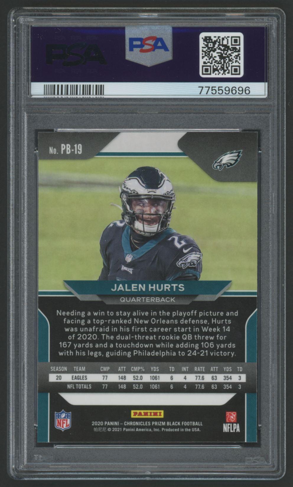 Jalen Hurts 2020 Panini Prizm Black #PB19 (PSA 10) at PristineAuction.com Jalen Hurts 2020 Panini Prizm Black #PB19 (PSA 10) at PristineAuction.com
