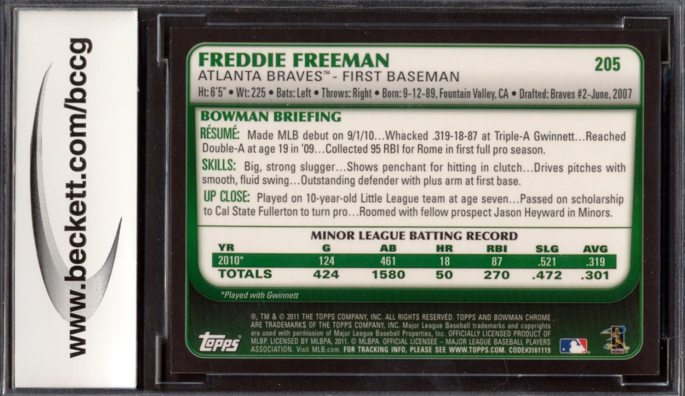 Freddie Freeman 2011 Bowman Chrome Rookie Autographs #205 (BCCG 10) at PristineAuction.com Freddie Freeman 2011 Bowman Chrome Rookie Autographs #205 (BCCG 10) at PristineAuction.com