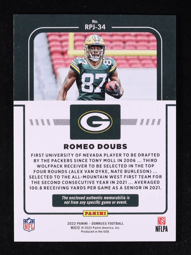 Romeo Doubs 2022 Donruss Rookie Phenom Jerseys #34 RC at PristineAuction.com Romeo Doubs 2022 Donruss Rookie Phenom Jerseys #34 RC at PristineAuction.com
