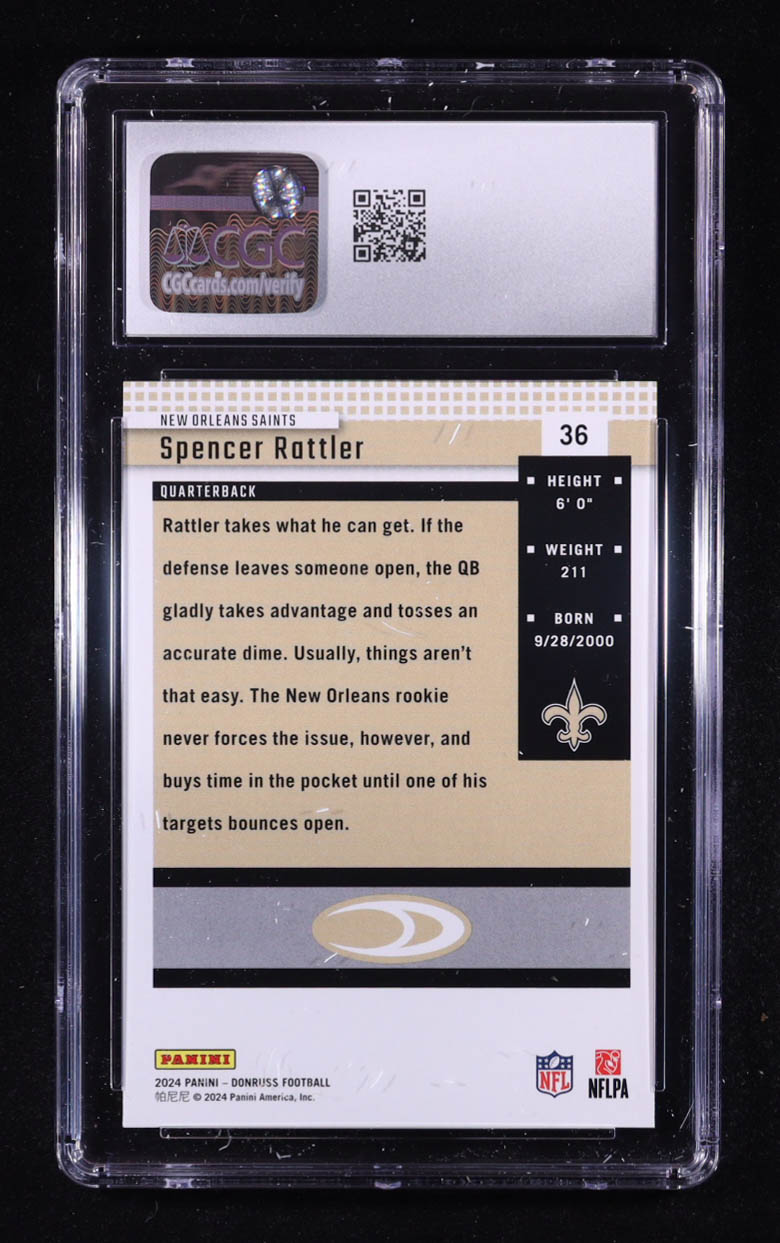 Spencer Rattler 2024 Donruss Retro '04 #36 RC (CGC 10) at PristineAuction.com Spencer Rattler 2024 Donruss Retro '04 #36 RC (CGC 10) at PristineAuction.com