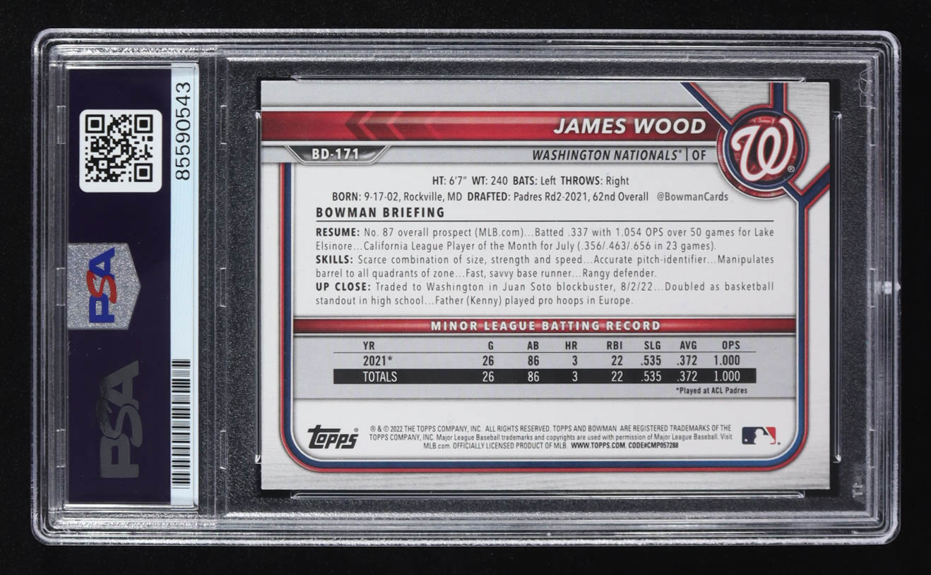James Wood Signed 2022 Topps Bowman #BD-171 RC (PSA | Autograph Graded PSA 10) at PristineAuction.com James Wood Signed 2022 Topps Bowman #BD-171 RC (PSA | Autograph Graded PSA 10) at PristineAuction.com