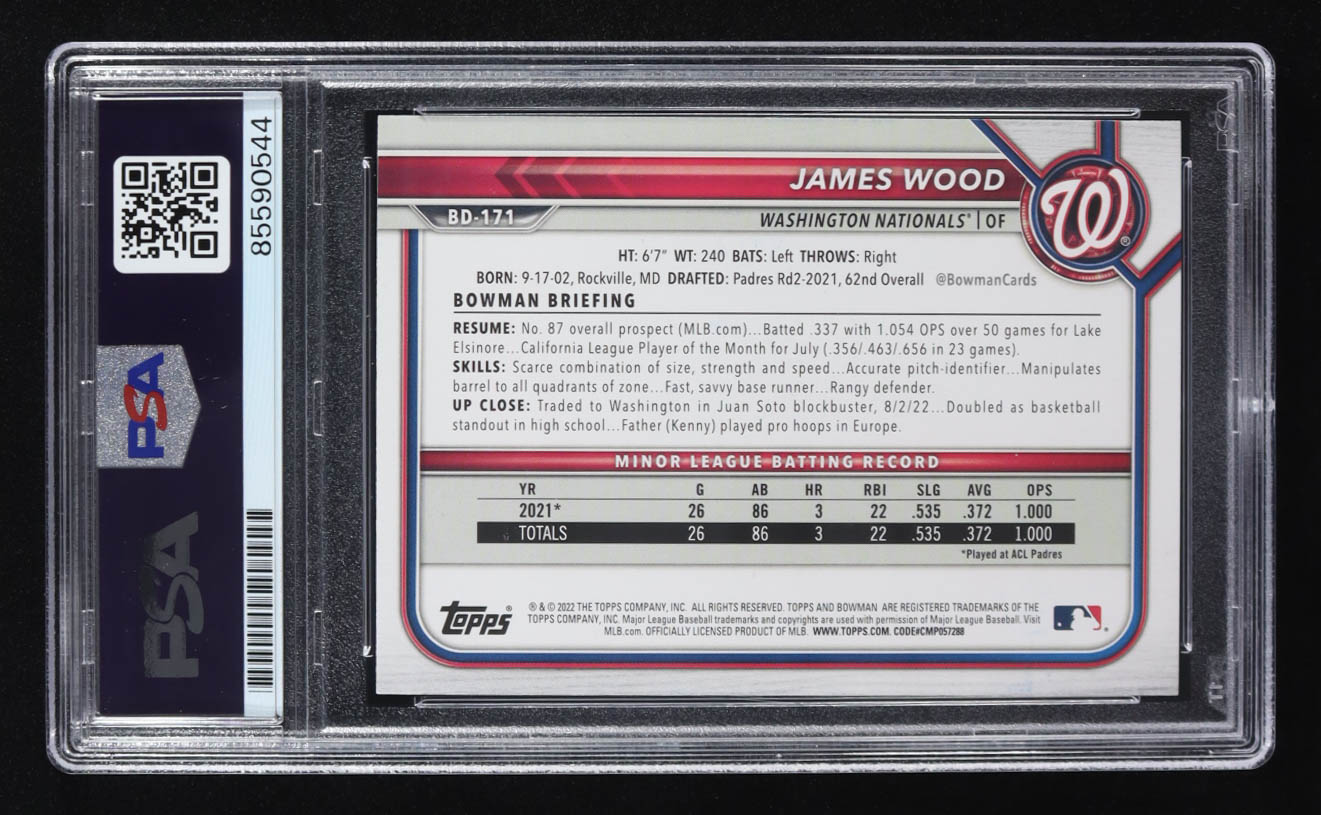 James Wood Signed 2022 Topps Bowman #BD-171 RC (PSA | Autograph Graded PSA 10) at PristineAuction.com James Wood Signed 2022 Topps Bowman #BD-171 RC (PSA | Autograph Graded PSA 10) at PristineAuction.com