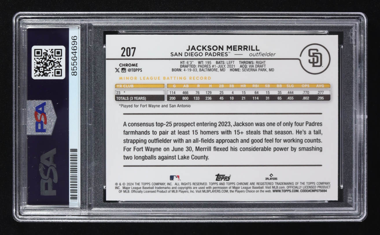 Jackson Merrill Signed 2024 Topps Chrome #207 RC (PSA) at PristineAuction.com Jackson Merrill Signed 2024 Topps Chrome #207 RC (PSA) at PristineAuction.com