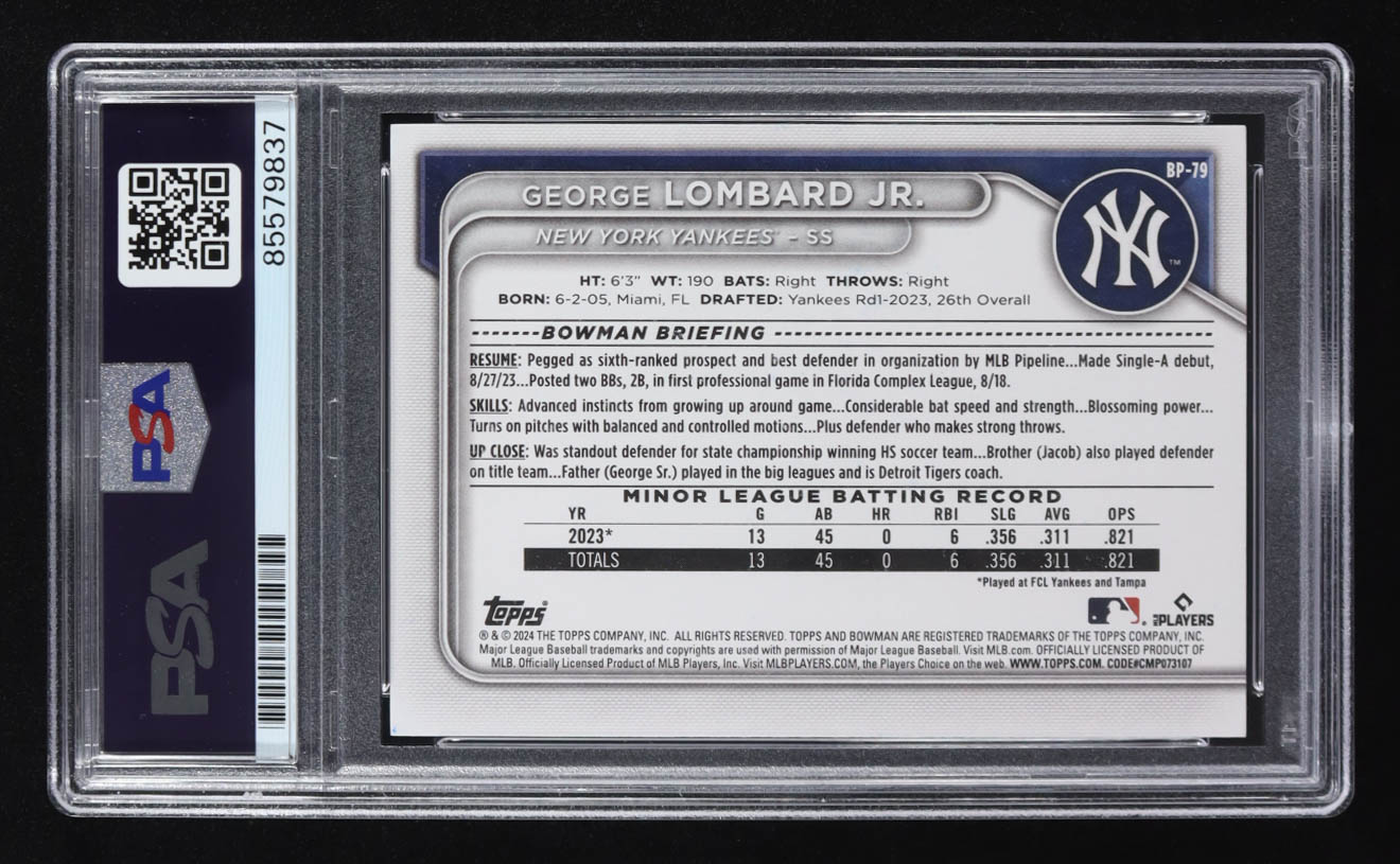 George Lombardo Jr. Signed 2024 Topps Bowman 1st #BP-79 RC (PSA) at PristineAuction.com George Lombardo Jr. Signed 2024 Topps Bowman 1st #BP-79 RC (PSA) at PristineAuction.com
