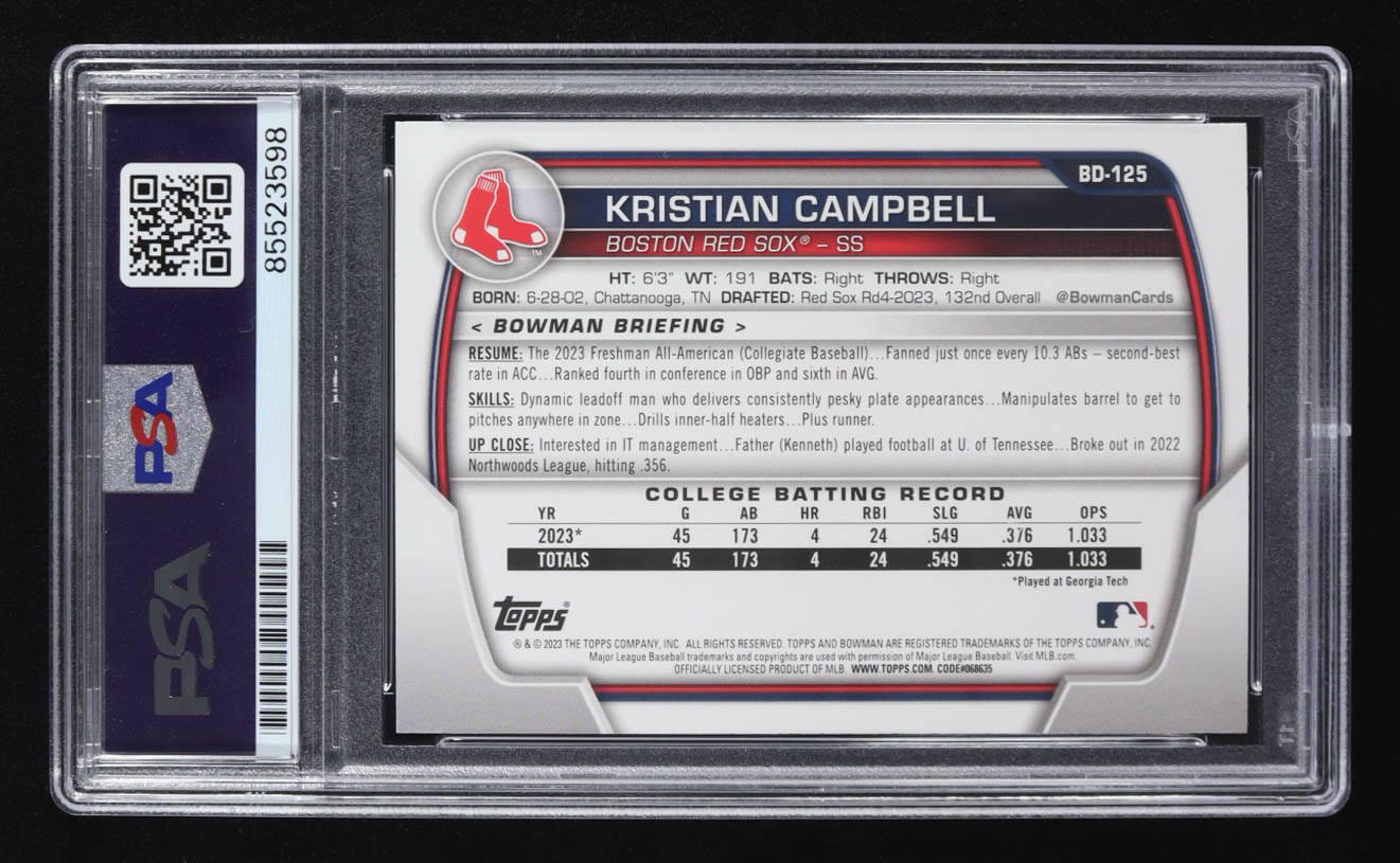 Kristian Campbell Signed 2023 Topps Bowman 1st #BD-125 RC (PSA) at PristineAuction.com Kristian Campbell Signed 2023 Topps Bowman 1st #BD-125 RC (PSA) at PristineAuction.com