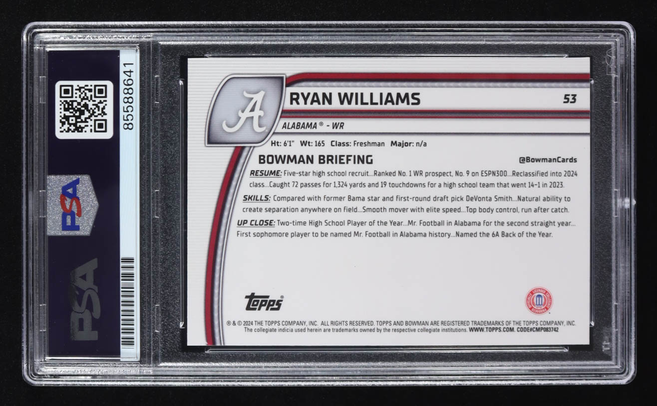 Ryan Williams Signed 2024 Topps Bowman U Chrome 1st #53 RC (PSA) at PristineAuction.com Ryan Williams Signed 2024 Topps Bowman U Chrome 1st #53 RC (PSA) at PristineAuction.com