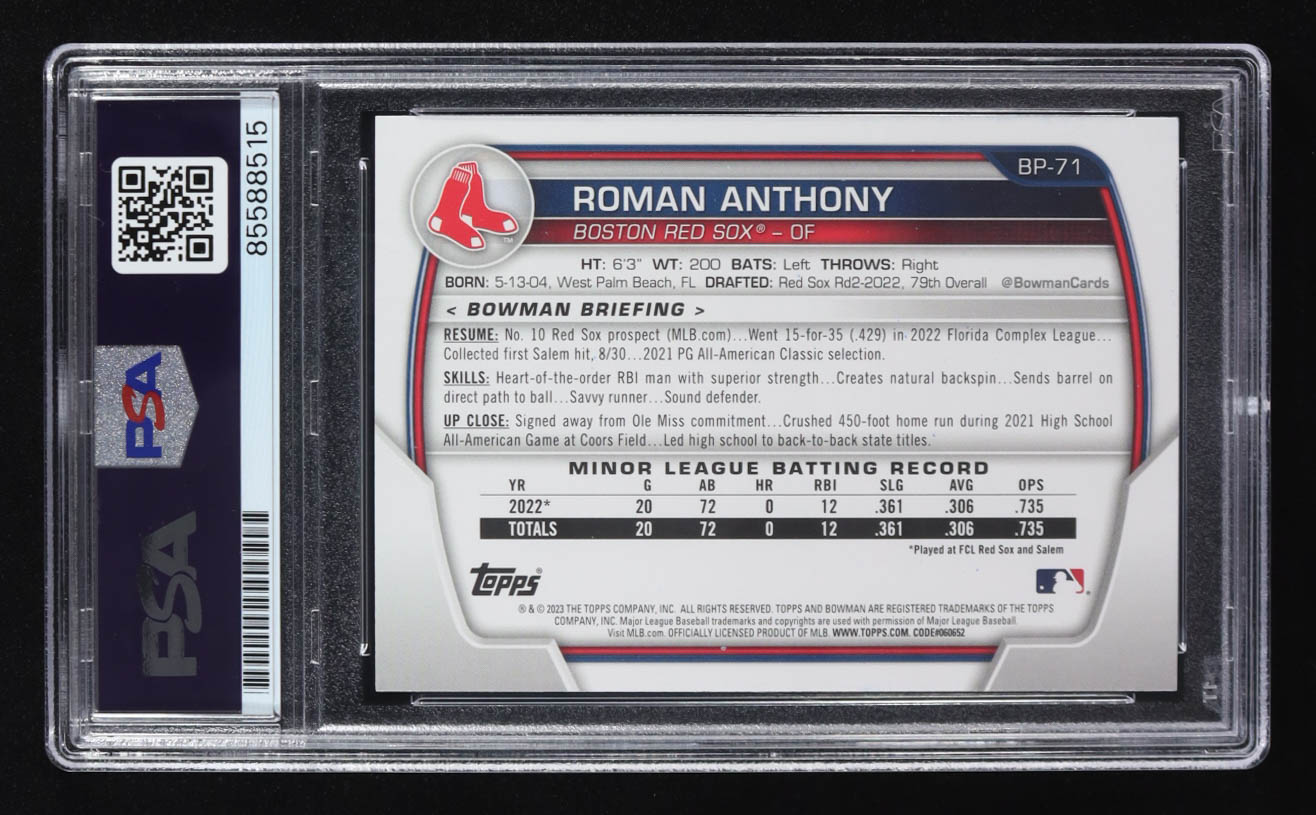 Roman Anthony Signed 2023 Topps 1st Bowman #BP-71 RC (PSA) at PristineAuction.com Roman Anthony Signed 2023 Topps 1st Bowman #BP-71 RC (PSA) at PristineAuction.com