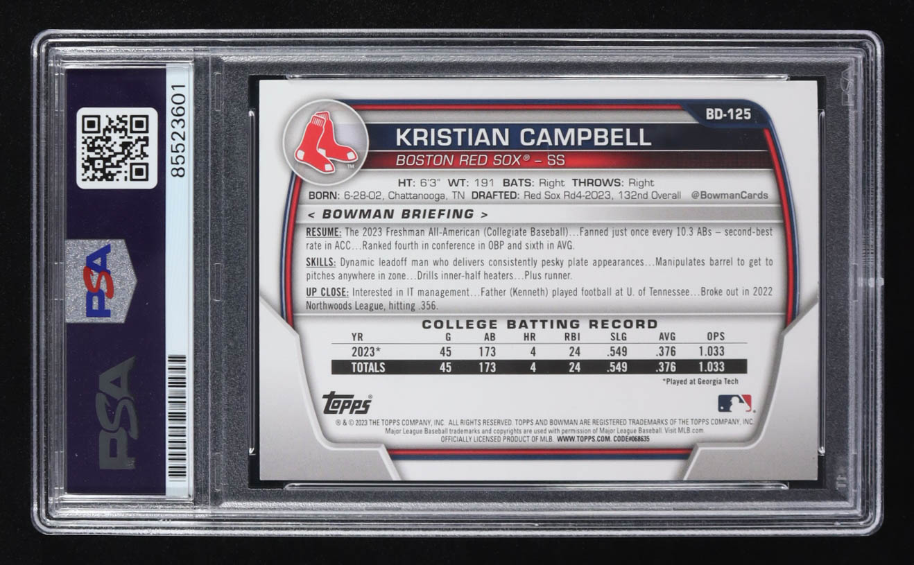 Kristian Campbell Signed 2023 Topps Bowman 1st #BD-125 RC (PSA) at PristineAuction.com Kristian Campbell Signed 2023 Topps Bowman 1st #BD-125 RC (PSA) at PristineAuction.com