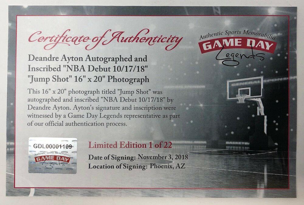 Deandre Ayton Signed Suns 16x20 Photo Inscribed "NBA Debut 10/17/18" (Game Day Legends & Steiner) at PristineAuction.com Deandre Ayton Signed Suns 16x20 Photo Inscribed "NBA Debut 10/17/18" (Game Day Legends & Steiner) at PristineAuction.com