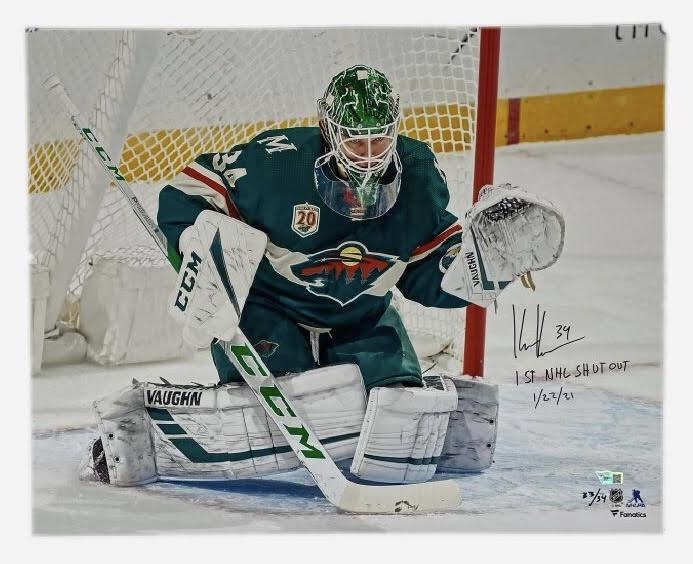 Kaapo Kahkonen Signed LE Wild 16x20 Photo Inscribed "1st NHL Shut Out 1/22/21" (Fanatics) at PristineAuction.com Kaapo Kahkonen Signed LE Wild 16x20 Photo Inscribed "1st NHL Shut Out 1/22/21" (Fanatics) at PristineAuction.com