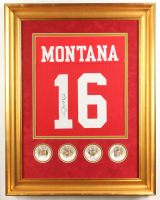 Joe Montana Signed Custom Framed Jersey Piece Display with (4) Replica Super Bowl Rings (JSA) at PristineAuction.com
