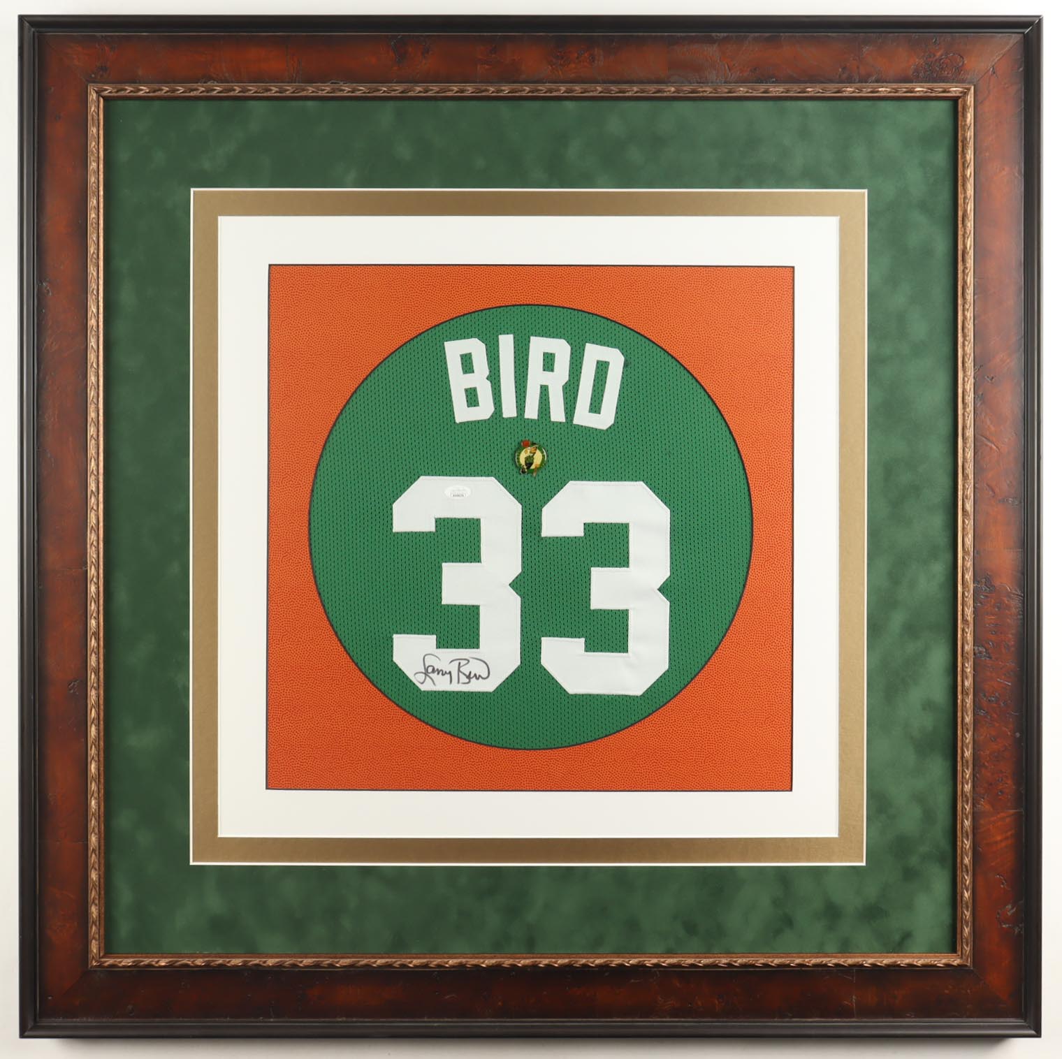 Larry Bird Signed Custom Framed Jersey Display with Celtics Logo Pin (JSA) at PristineAuction.com Larry Bird Signed Custom Framed Jersey Display with Celtics Logo Pin (JSA) at PristineAuction.com