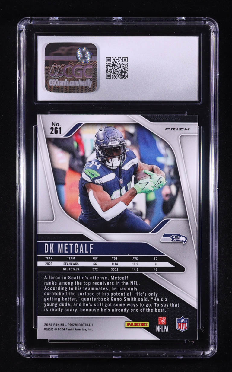 D.K. Metcalf 2024 Panini Prizm Prizms Orange Lazer #261 (CGC 10) at PristineAuction.com D.K. Metcalf 2024 Panini Prizm Prizms Orange Lazer #261 (CGC 10) at PristineAuction.com