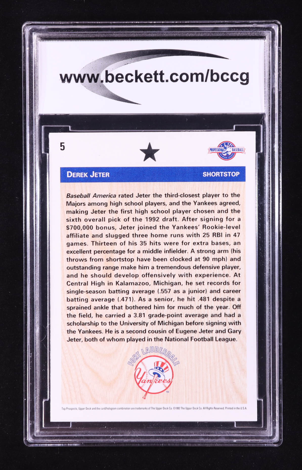 Derek Jeter 1992 Upper Deck Minors #5 FDP RC (BCCG 10) at PristineAuction.com Derek Jeter 1992 Upper Deck Minors #5 FDP RC (BCCG 10) at PristineAuction.com