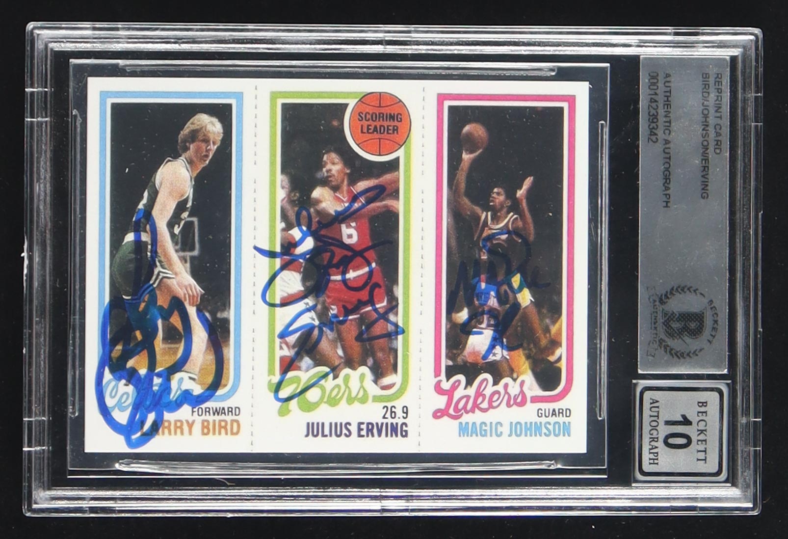Larry Bird, Julius Erving & Magic Johnson Signed Larry Bird 34 RC / Julius Erving TL 174 / Magic Johnson 139 RC 1980-81 Topps #6 Reprint Card (BGS | Autograph Graded 10) at PristineAuction.com Larry Bird, Julius Erving & Magic Johnson Signed Larry Bird 34 RC / Julius Erving TL 174 / Magic Johnson 139 RC 1980-81 Topps #6 Reprint Card (BGS | Autograph Graded 10) at PristineAuction.com