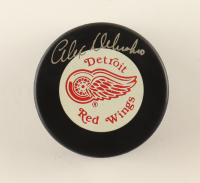 Alex Delvecchio Signed Red Wings Logo Hockey Puck (PSA) at PristineAuction.com