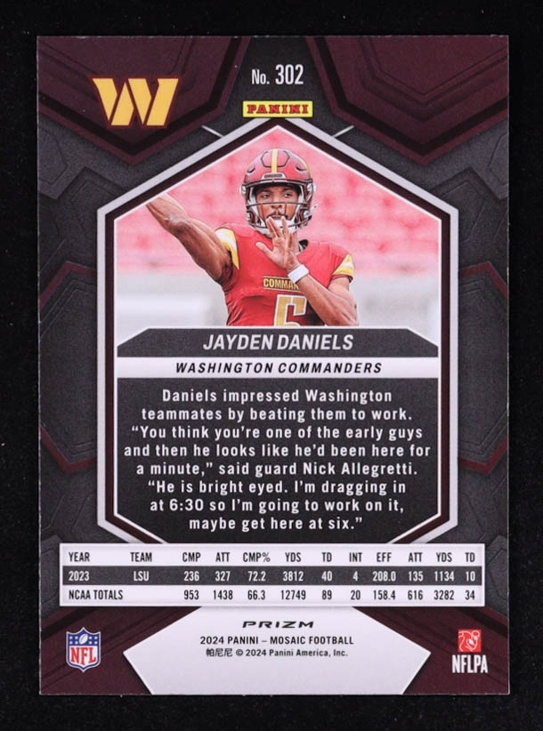 Jayden Daniels 2024 Panini Mosaic Mosaic Green #302 RC at PristineAuction.com Jayden Daniels 2024 Panini Mosaic Mosaic Green #302 RC at PristineAuction.com