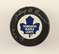 Johnny Bower Signed Maple Leafs Logo Hockey Puck Inscribed "H.O.F. 76" (PSA) at PristineAuction.com