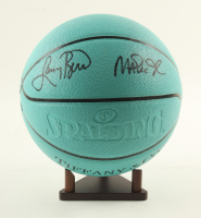 Larry Bird & Magic Johnson Signed NBA Basketball With Display Stand (PSA & Beckett) at PristineAuction.com