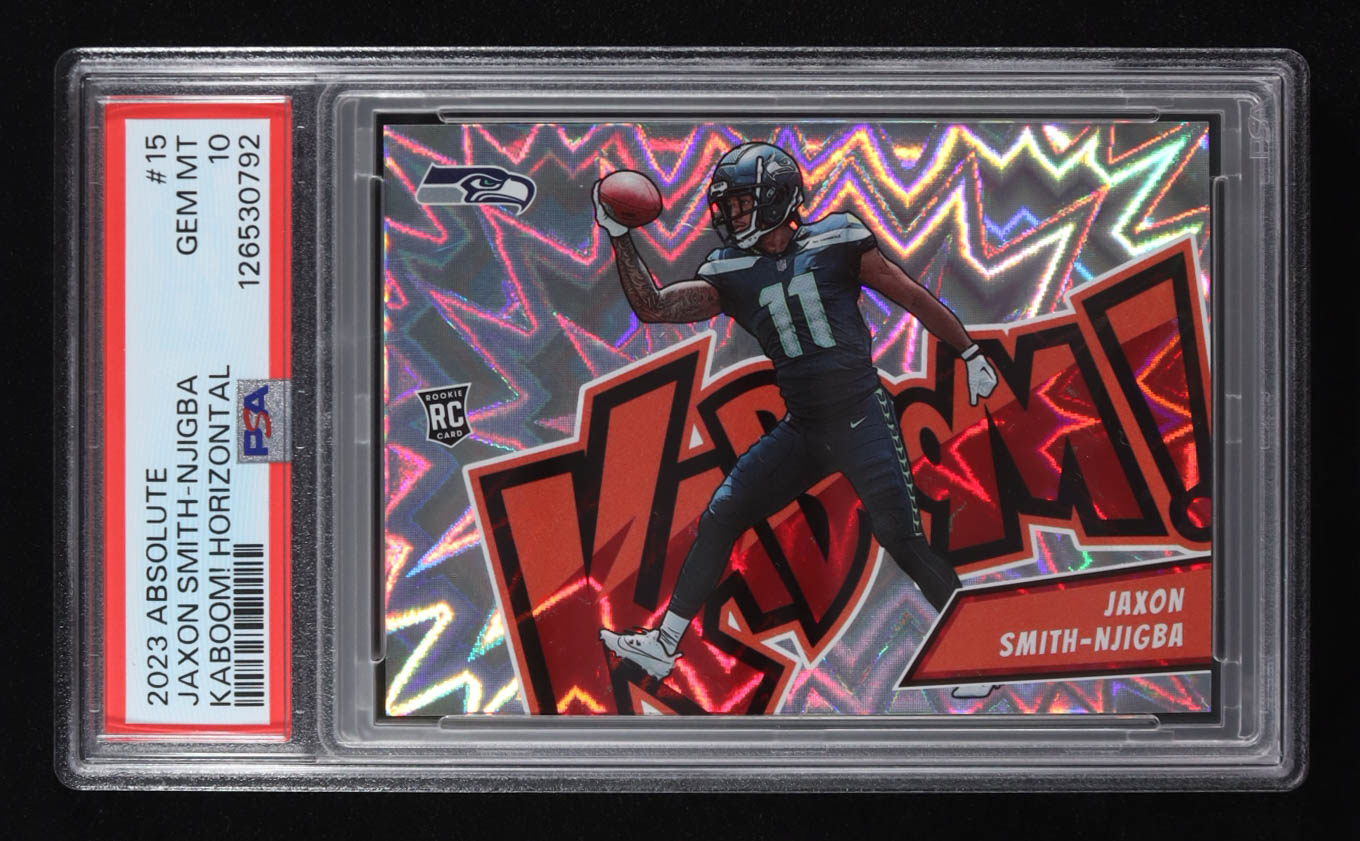 Jaxon Smith-Njigba 2023 Absolute Kaboom Horizontal #15 RC (PSA 10) at PristineAuction.com Jaxon Smith-Njigba 2023 Absolute Kaboom Horizontal #15 RC (PSA 10) at PristineAuction.com