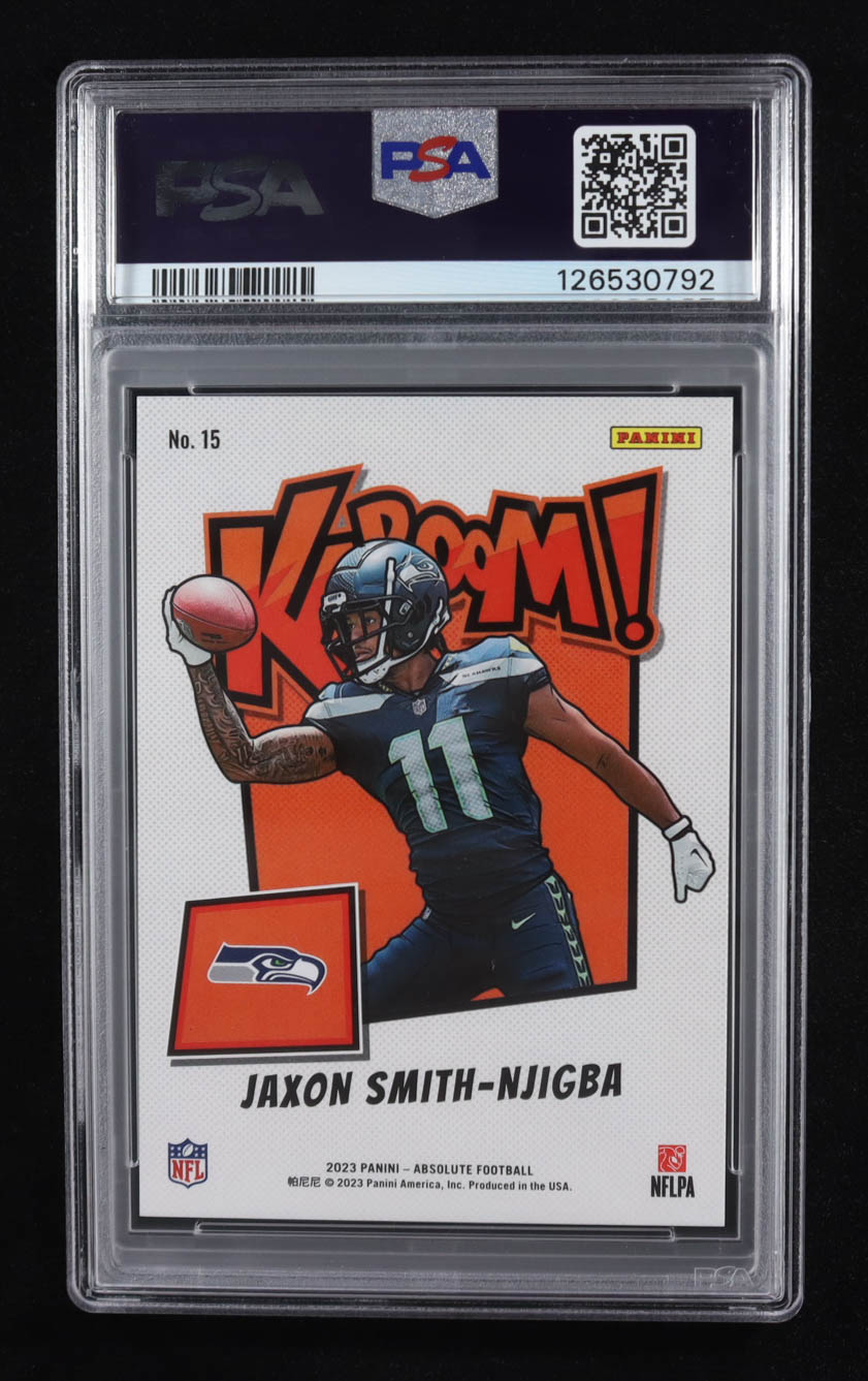 Jaxon Smith-Njigba 2023 Absolute Kaboom Horizontal #15 RC (PSA 10) at PristineAuction.com Jaxon Smith-Njigba 2023 Absolute Kaboom Horizontal #15 RC (PSA 10) at PristineAuction.com
