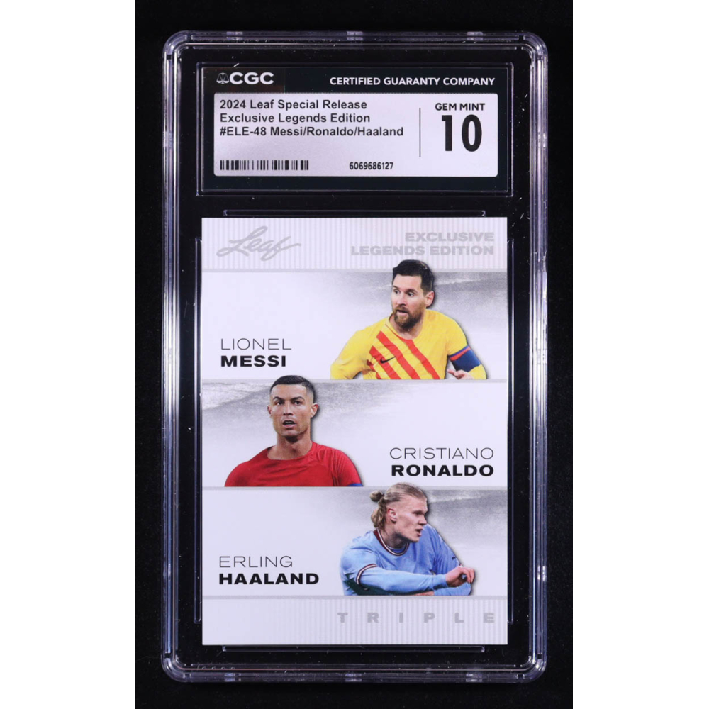Lionel Messi / Cristiano Ronaldo / Erling Haaland 2024 Leaf Special Release Exclusive Legends Edition #ELE48 (CGC 10) at PristineAuction.com Lionel Messi / Cristiano Ronaldo / Erling Haaland 2024 Leaf Special Release Exclusive Legends Edition #ELE48 (CGC 10) at PristineAuction.com