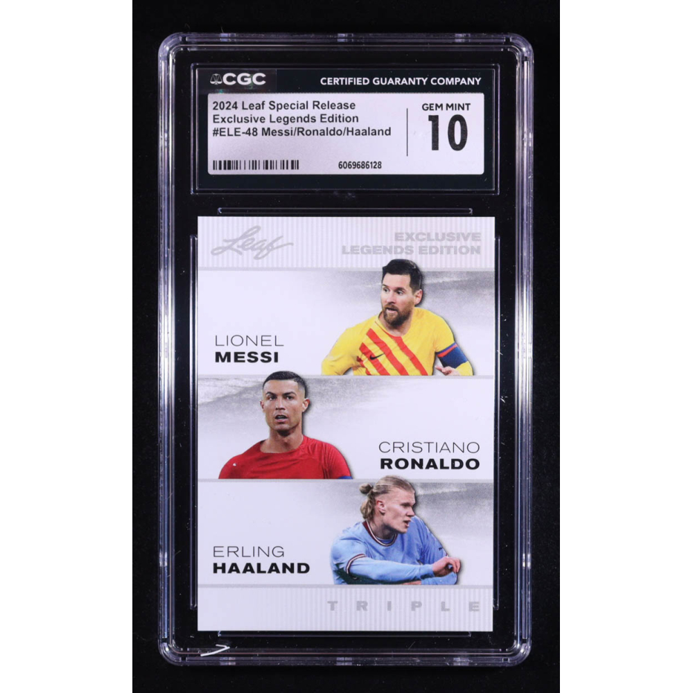 Lionel Messi / Cristiano Ronaldo / Erling Haaland 2024 Leaf Special Release Exclusive Legends Edition #ELE48 (CGC 10) at PristineAuction.com Lionel Messi / Cristiano Ronaldo / Erling Haaland 2024 Leaf Special Release Exclusive Legends Edition #ELE48 (CGC 10) at PristineAuction.com