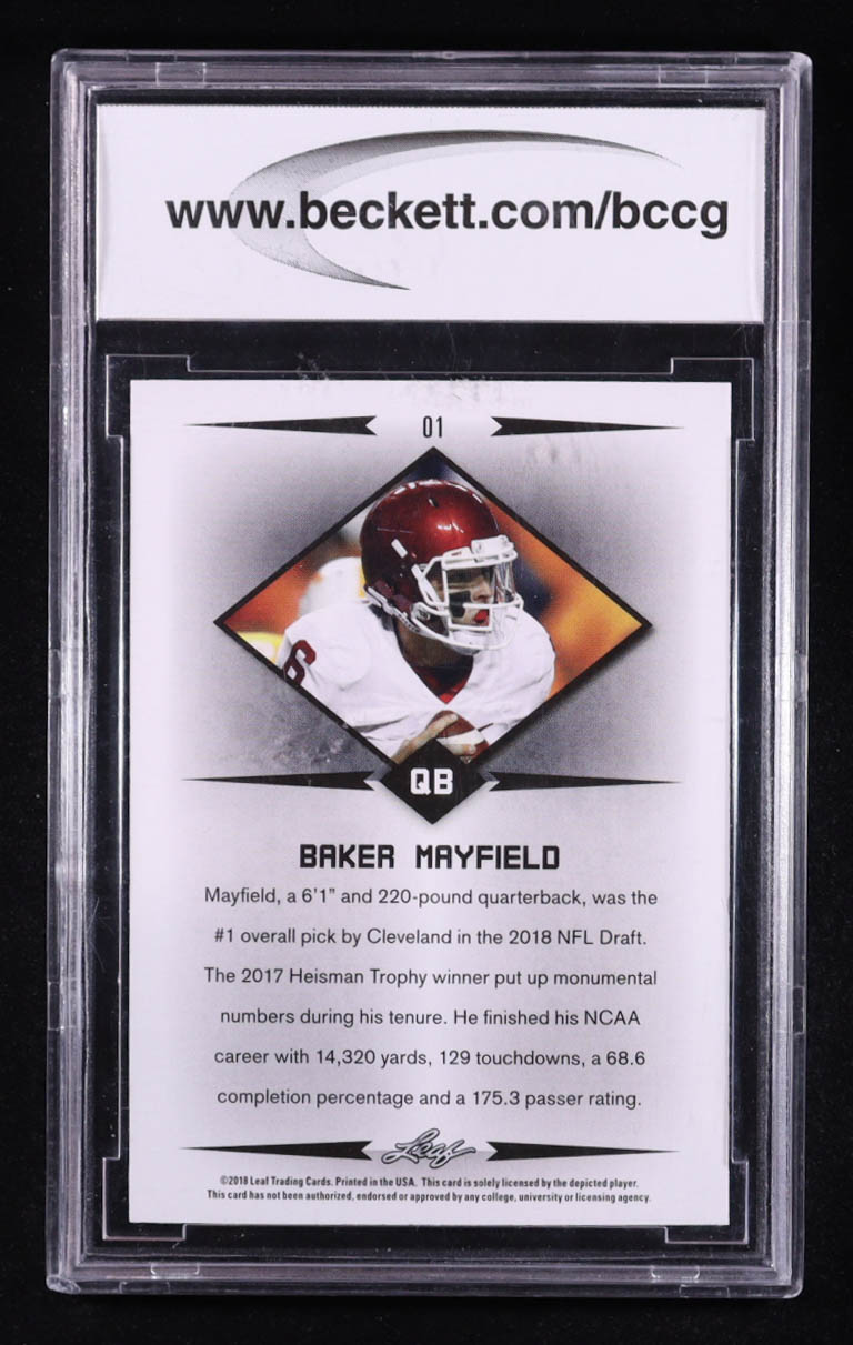 Baker Mayfield 2018 Leaf Rookie Star #01 RC (BCCG 10) at PristineAuction.com Baker Mayfield 2018 Leaf Rookie Star #01 RC (BCCG 10) at PristineAuction.com
