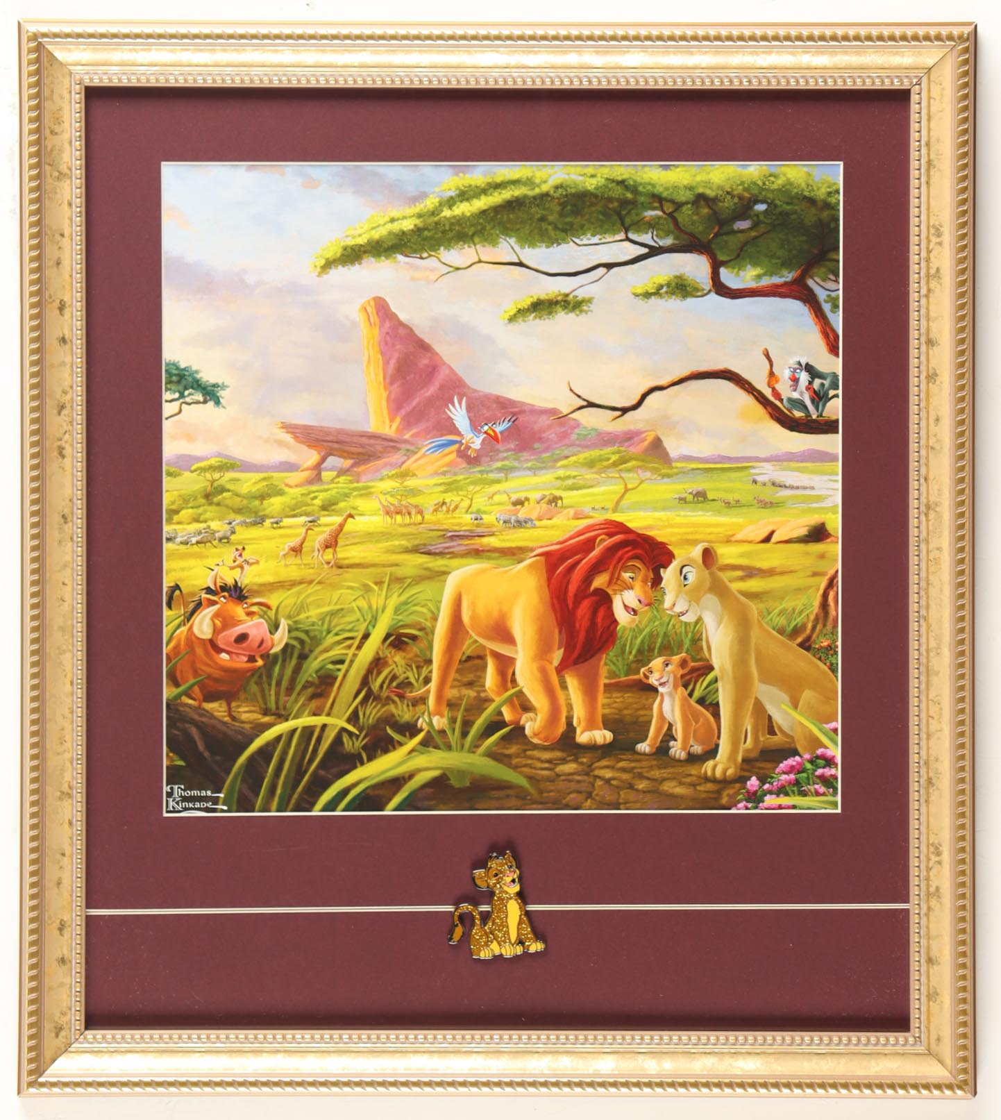 Thomas Kinkade "The Lion King Simba & Nala" Custom Framed Print Display with Sparkle Simba Pin at PristineAuction.com Thomas Kinkade "The Lion King Simba & Nala" Custom Framed Print Display with Sparkle Simba Pin at PristineAuction.com