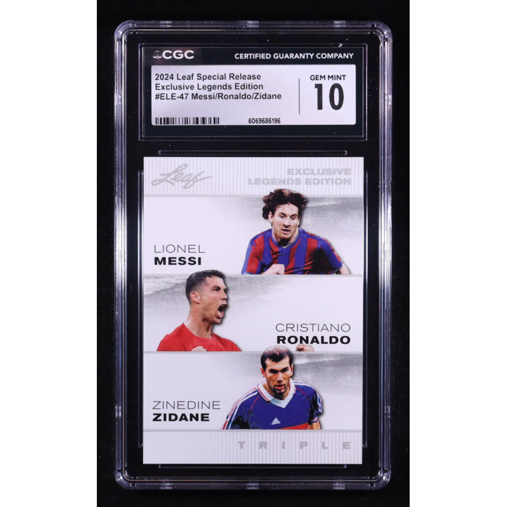 Lionel Messi / Cristiano Ronaldo / Zinedine Zidane 2024 Leaf Special Release Exclusive Legends Edition #ELE47 (CGC 10) at PristineAuction.com Lionel Messi / Cristiano Ronaldo / Zinedine Zidane 2024 Leaf Special Release Exclusive Legends Edition #ELE47 (CGC 10) at PristineAuction.com