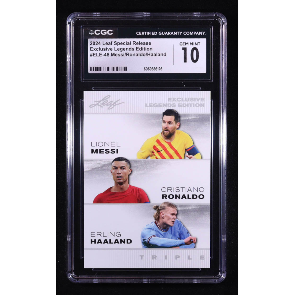 Lionel Messi / Cristiano Ronaldo / Erling Haaland 2024 Leaf Special Release Exclusive Legends Edition #ELE48 (CGC 10) at PristineAuction.com
