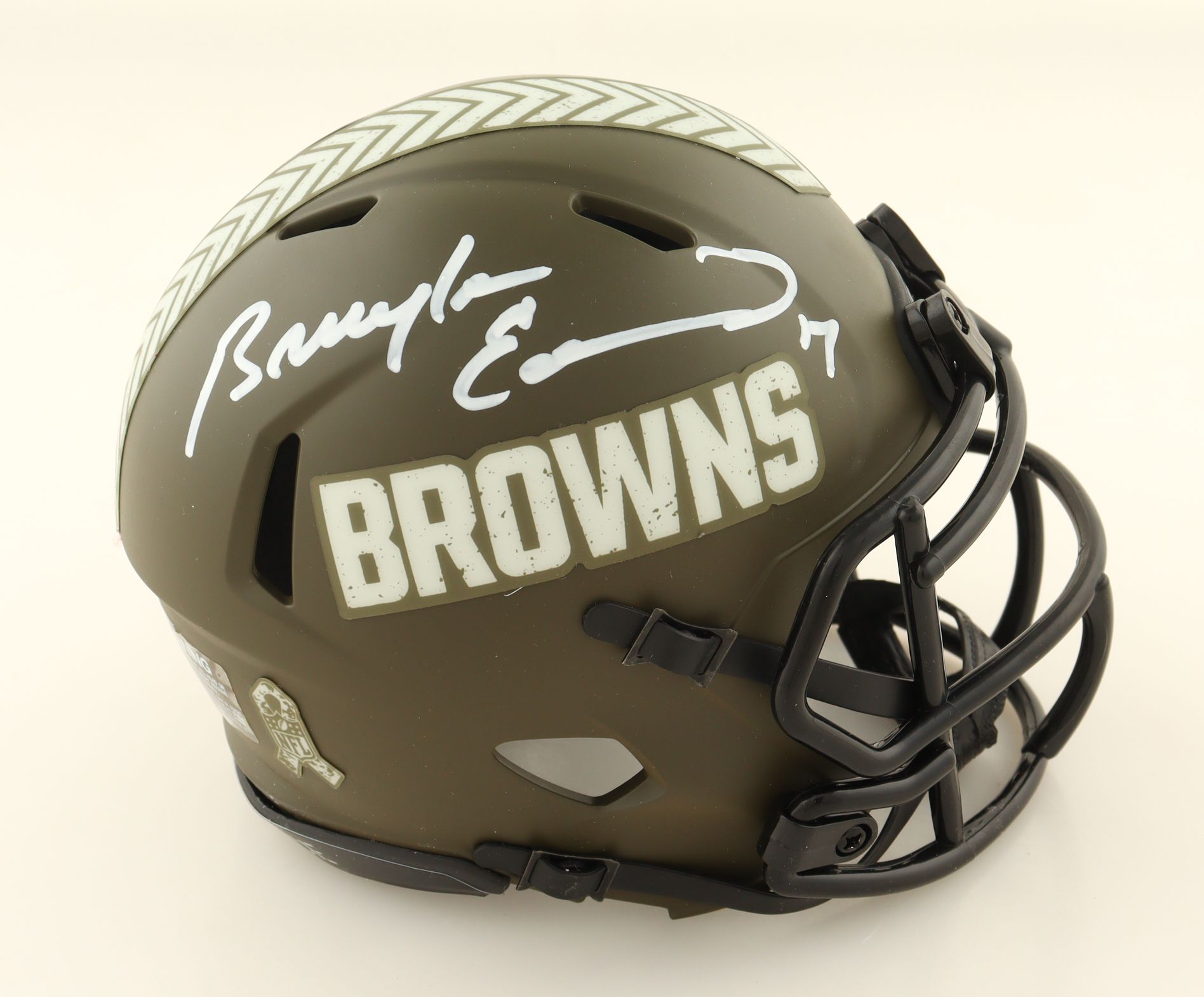 Braylon Edwards Signed Browns Salute To Service Alternate Speed Mini Helmet (JSA) at PristineAuction.com Braylon Edwards Signed Browns Salute To Service Alternate Speed Mini Helmet (JSA) at PristineAuction.com