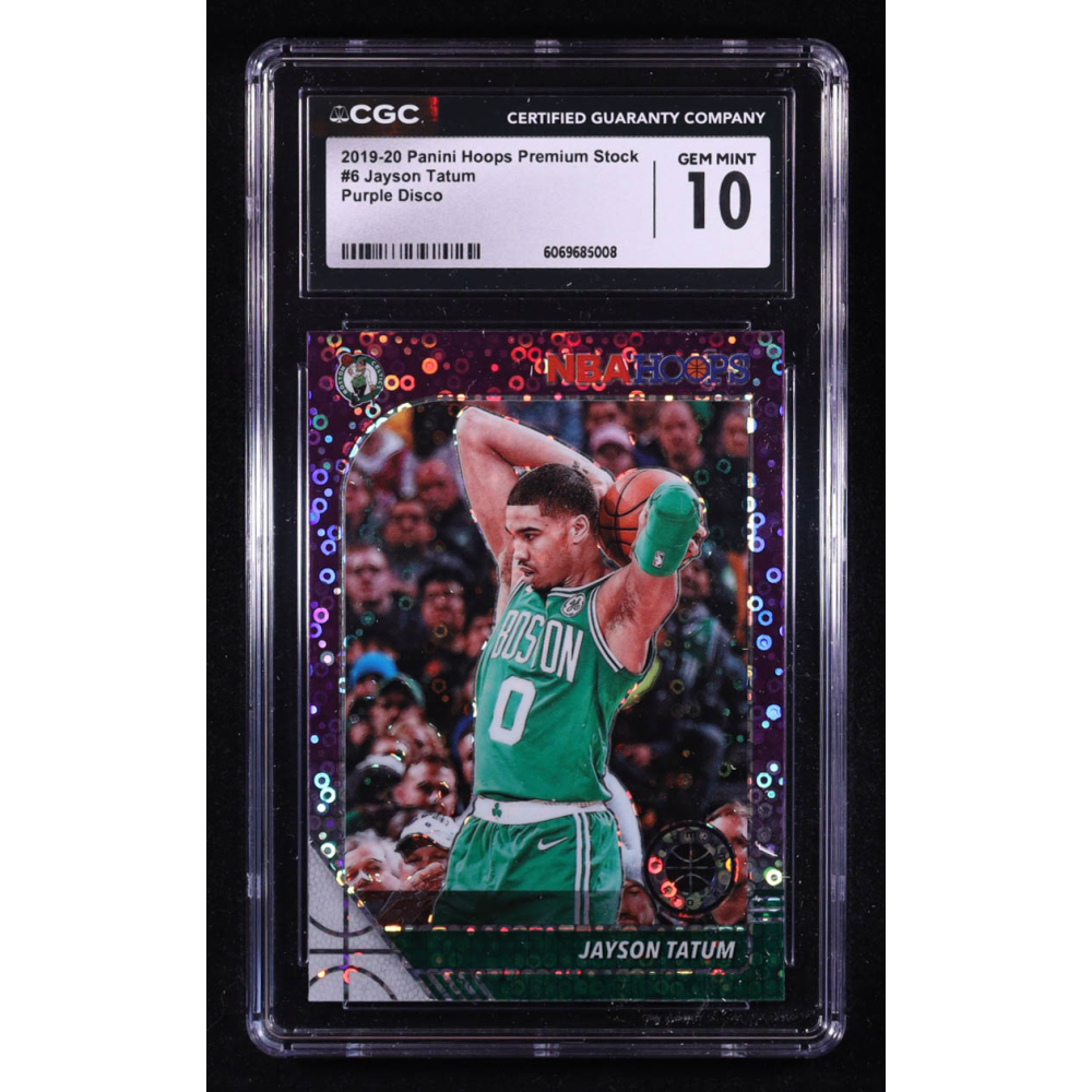 Jayson Tatum 2019-20 Hoops Premium Stock Prizms Purple Disco #6 (CGC 10) at PristineAuction.com Jayson Tatum 2019-20 Hoops Premium Stock Prizms Purple Disco #6 (CGC 10) at PristineAuction.com