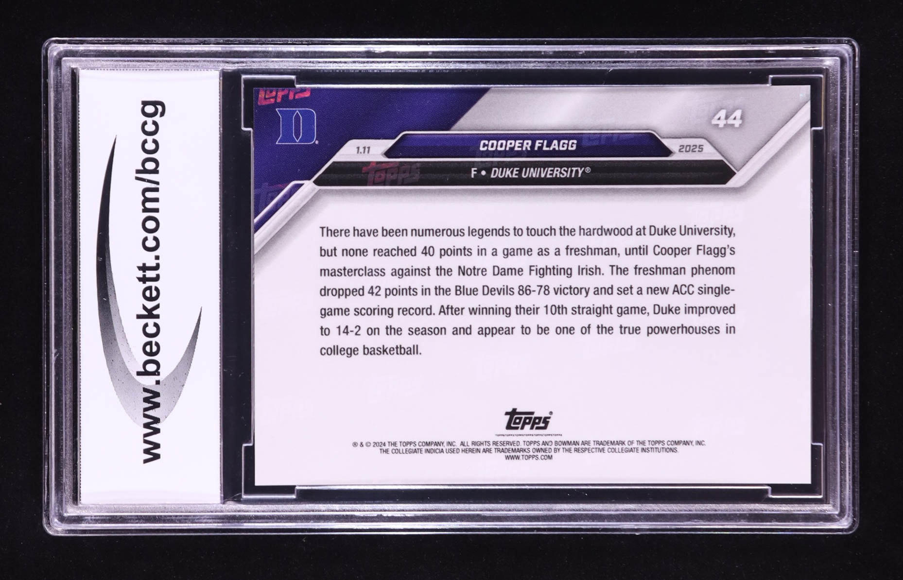 Cooper Flagg 2024-25 Bowman University Now #44 RC (BCCG 10) at PristineAuction.com Cooper Flagg 2024-25 Bowman University Now #44 RC (BCCG 10) at PristineAuction.com