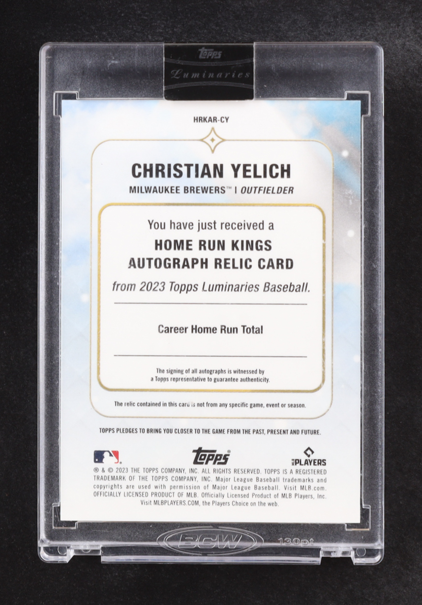 Christian Yelich 2023 Topps Luminaries Relic Home Run Kings Autographs #HRKAR-CY #2/15 at PristineAuction.com Christian Yelich 2023 Topps Luminaries Relic Home Run Kings Autographs #HRKAR-CY #2/15 at PristineAuction.com