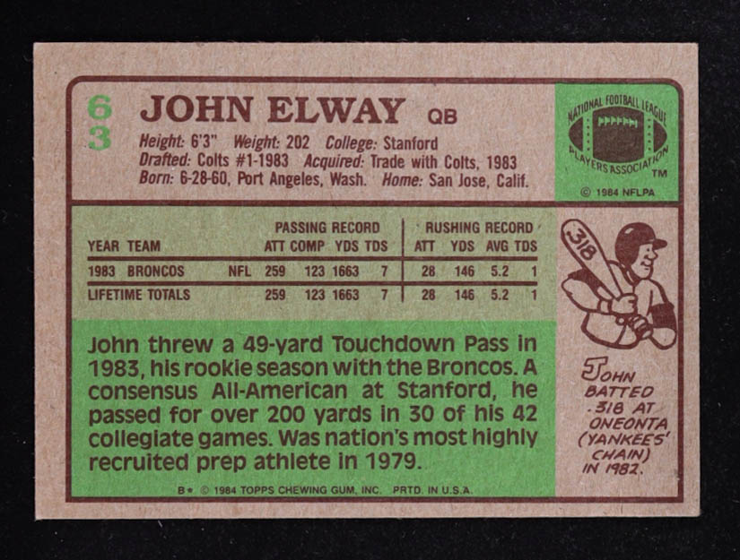 John Elway 1984 Topps #63 RC at PristineAuction.com John Elway 1984 Topps #63 RC at PristineAuction.com