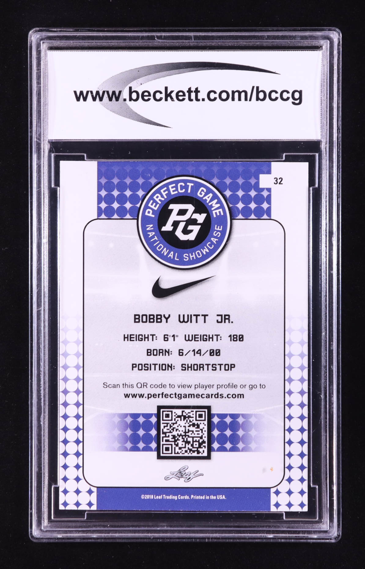 Bobby Witt Jr. 2018 Leaf Perfect Game National Showcase #32 RC (BCCG 10) at PristineAuction.com Bobby Witt Jr. 2018 Leaf Perfect Game National Showcase #32 RC (BCCG 10) at PristineAuction.com
