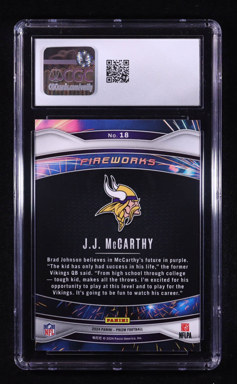 JJ McCarthy 2024 Panini Prizm Fireworks #18 RC (CGC 10) at PristineAuction.com JJ McCarthy 2024 Panini Prizm Fireworks #18 RC (CGC 10) at PristineAuction.com