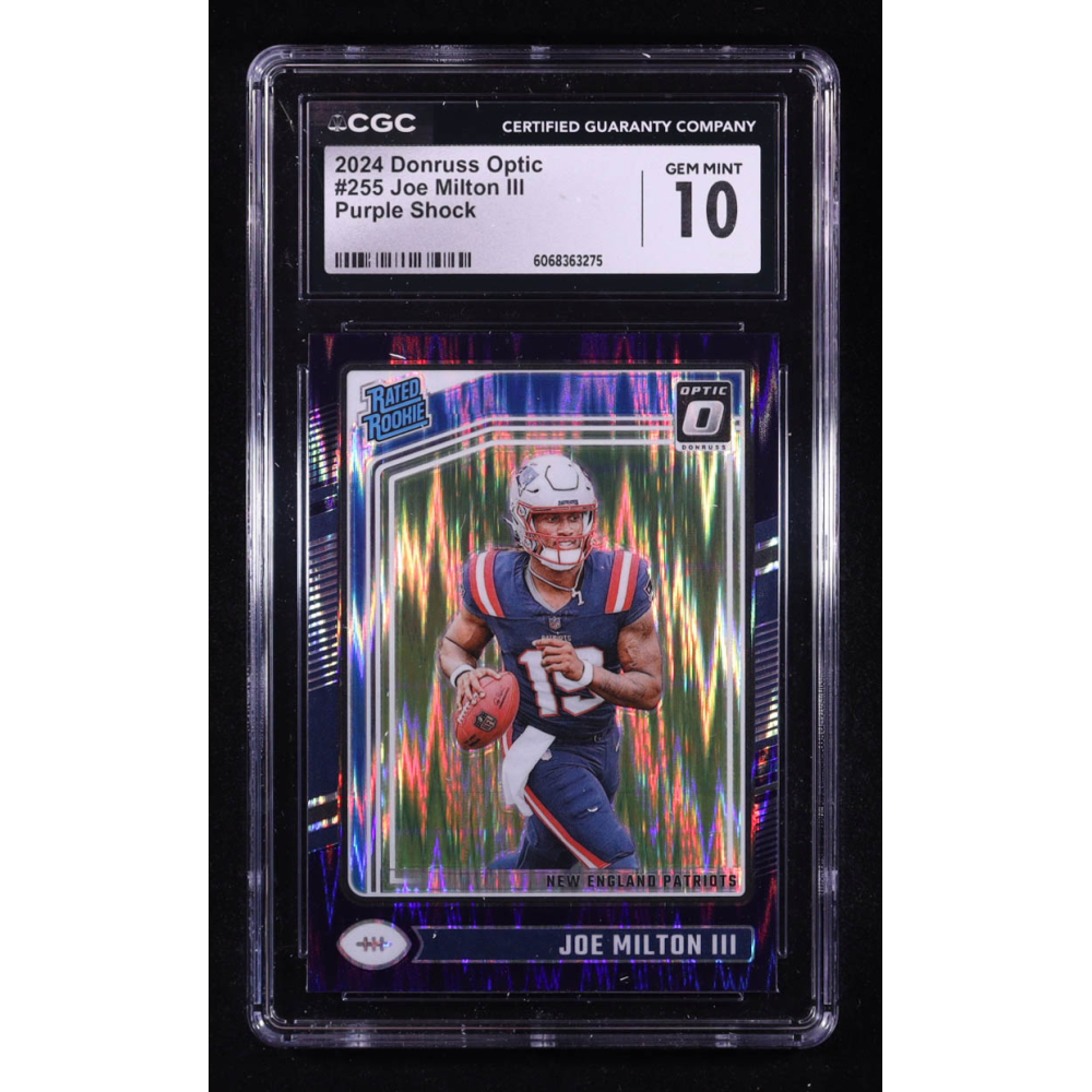 Joe Milton III 2024 Donruss Optic Purple Shock #255 RR RC (CGC 10) at PristineAuction.com Joe Milton III 2024 Donruss Optic Purple Shock #255 RR RC (CGC 10) at PristineAuction.com