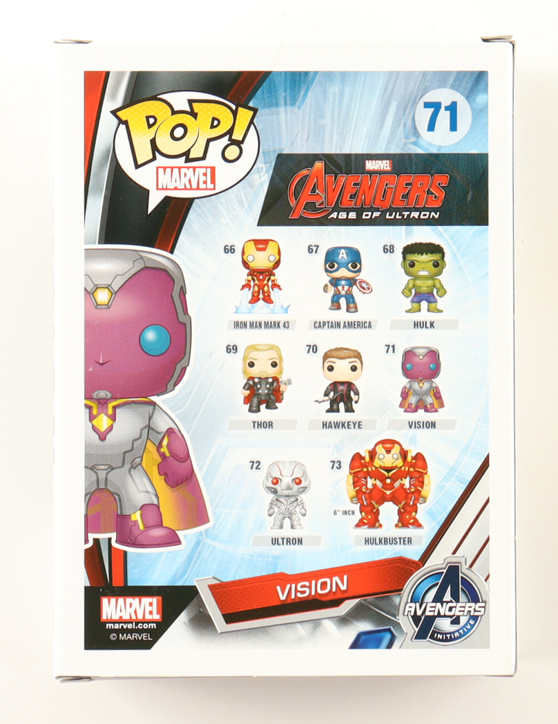 Paul Bettany Signed "Avengers: Age Of Ultron" #71 Vision Bobble-Head Funko Pop! Vinyl Figure Inscribed "Vision" (JSA) at PristineAuction.com Paul Bettany Signed "Avengers: Age Of Ultron" #71 Vision Bobble-Head Funko Pop! Vinyl Figure Inscribed "Vision" (JSA) at PristineAuction.com